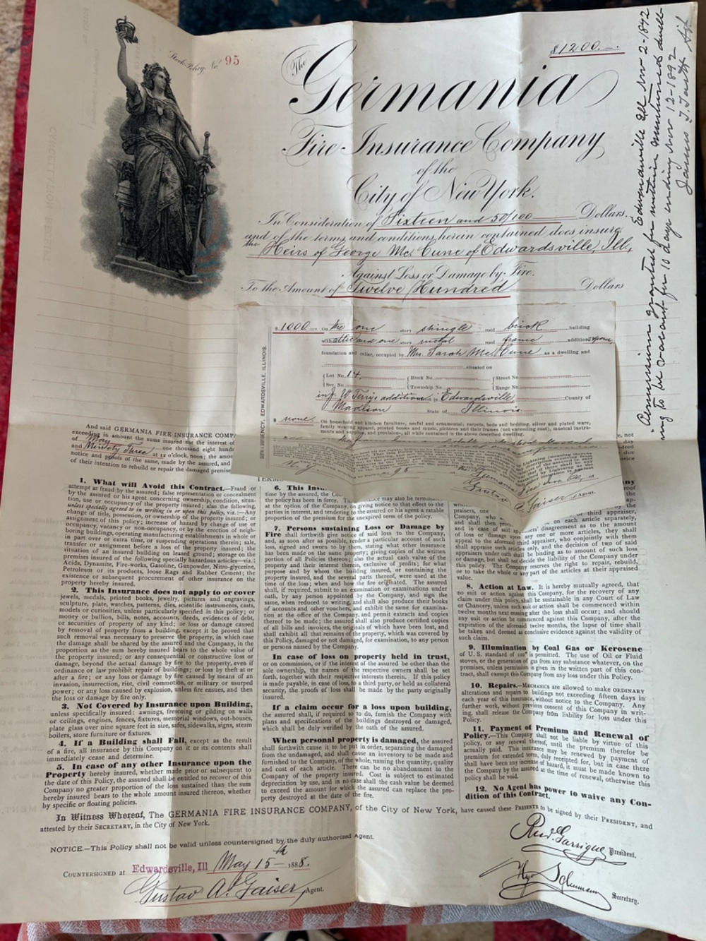 Original 1892 Germania Fire Insurance Policy - Picture 9 of 16
